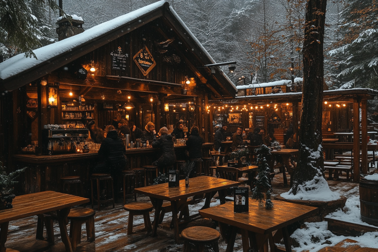 a group of people sitting at tables outside of a restaurant