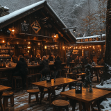 a group of people sitting at tables outside of a restaurant