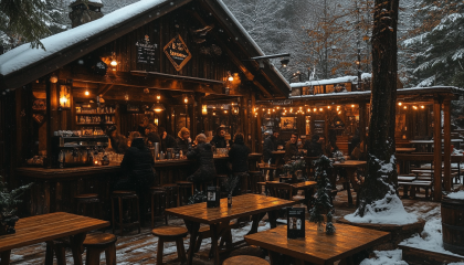 a group of people sitting at tables outside of a restaurant